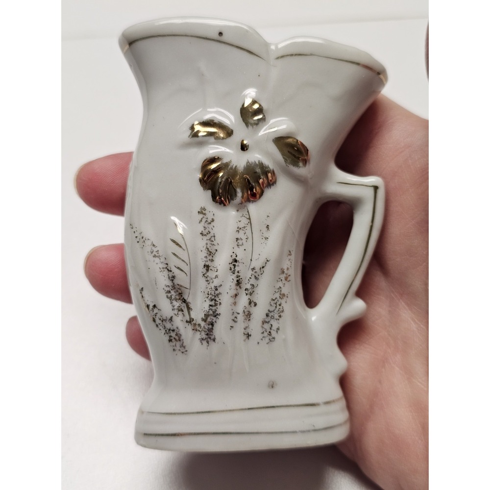 Antique Miniature Vase Made In Japan Hand Painted Floral Design‎ Gold On White